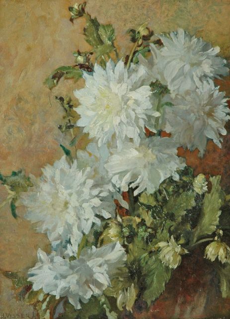 Jan Visser jr. | Dahlia's, olieverf op schildersboard op paneel, 50,1 x 37,8 cm, gesigneerd l.o.