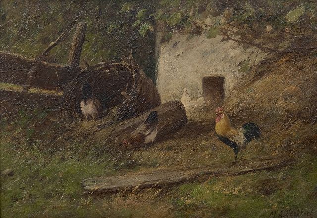 Marinus Adrianus Koekkoek II | Haan en kippen bij een broedkorf, olieverf op doek, 24,4 x 34,5 cm, gesigneerd r.o.