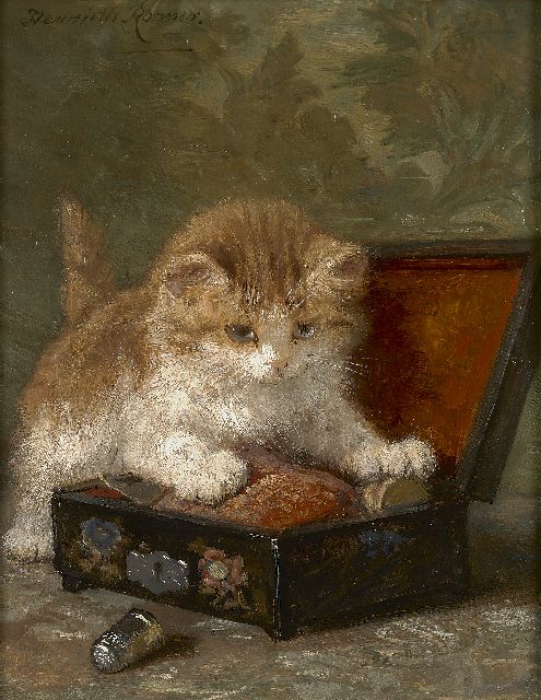 Henriette Ronner-Knip | Het naaidoosje, olieverf op paneel, 24,0 x 18,9 cm, gesigneerd l.b.