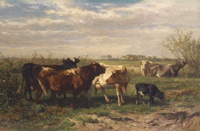 Jan de Haas | Vee in zomers weidelandschap, olieverf op doek, 80,2 x 125,5 cm, gesigneerd r.o.