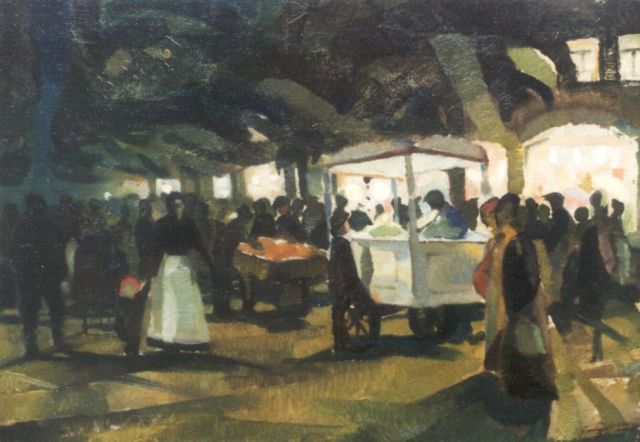 Arjen Galema | Drukbevolkte boulevard bij avond, Parijs, olieverf op doek, 65,0 x 92,0 cm, gesigneerd r.o.