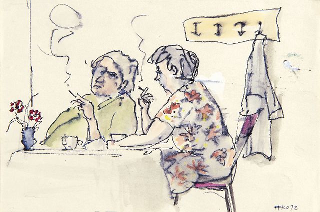 Harm Kamerlingh Onnes | Aan de koffie met een sigaretje, pen, inkt en aquarel op papier, 11,5 x 16,8 cm, gesigneerd r.o. met monogram en gedateerd '72