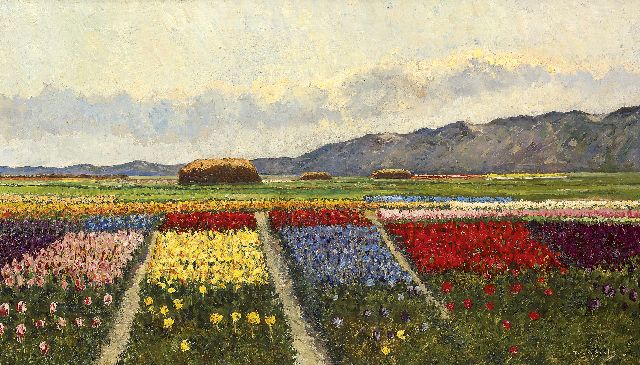 Leo Grijseels | Bollenvelden achter de duinen, olieverf op doek, 35,5 x 60,5 cm, gesigneerd r.o.