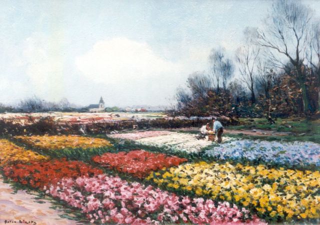 Anton Dirckx | Boeren in een bollenveld, olieverf op doek, 23,5 x 33,0 cm, gesigneerd r.o.