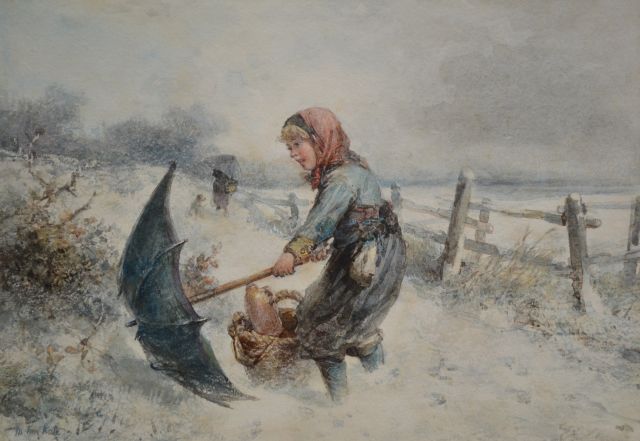 Mari ten Kate | Jong meisje met paraplu in de sneeuw, zwart krijt en aquarel op papier, 25,1 x 35,6 cm, gesigneerd l.o.
