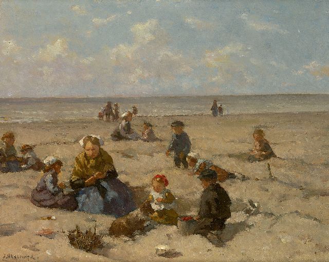 Johannes Evert Akkeringa | Strandplezier, olieverf op doek, 26,7 x 33,0 cm, gesigneerd l.o. en verso en verso gedateerd 1937