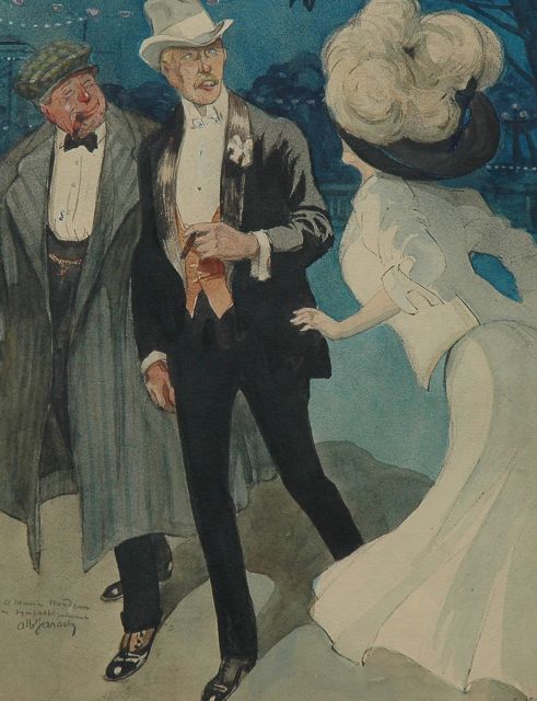 Albert Jarach | Een onverwachte ontmoeting in Parijs, zwart krijt en aquarel op papier, 50,0 x 32,8 cm, gesigneerd l.o.