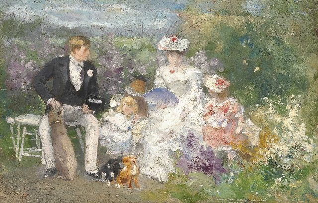 Florent Crabeels | Galante conversatie in het stadspark van Antwerpen, olieverf op paneel, 14,3 x 21,2 cm, gesigneerd r.o.