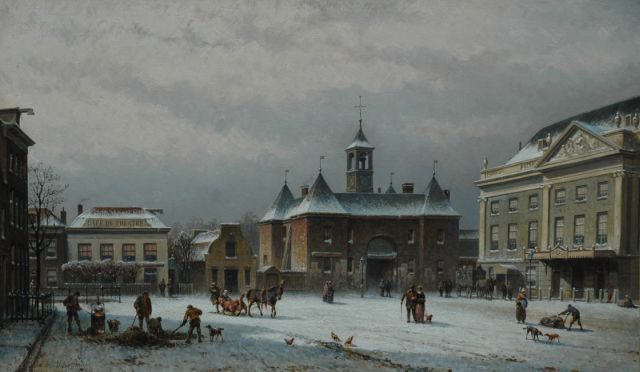 Eduard Alexander Hilverdink | Het besneeuwde Leidseplein, Amsterdam, met de Leidsepoort en de houten Stadsschouwburg, olieverf op doek, 45,6 x 77,1 cm, gesigneerd l.o. en te dateren ca. 1860