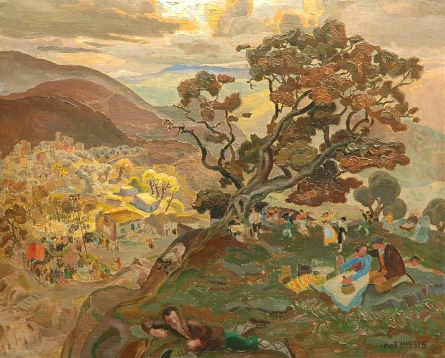 Gilbert Hansen | Dorpsfeest, olieverf op doek op board, 44,1 x 55,0 cm, gesigneerd r.o. en gedateerd 1947