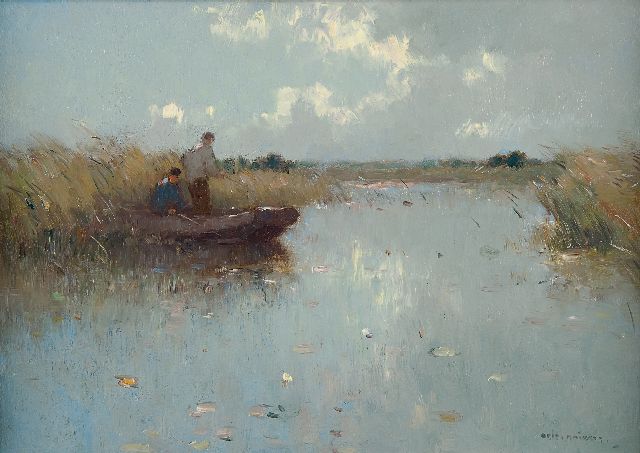 Aris Knikker | Vissers in een rietkraag, olieverf op schildersboard, 24,5 x 35,1 cm, gesigneerd r.o.