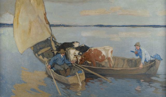 Ype Wenning | Boeren met koeien in een schuit, olieverf op doek, 73,8 x 126,1 cm, gesigneerd r.o.