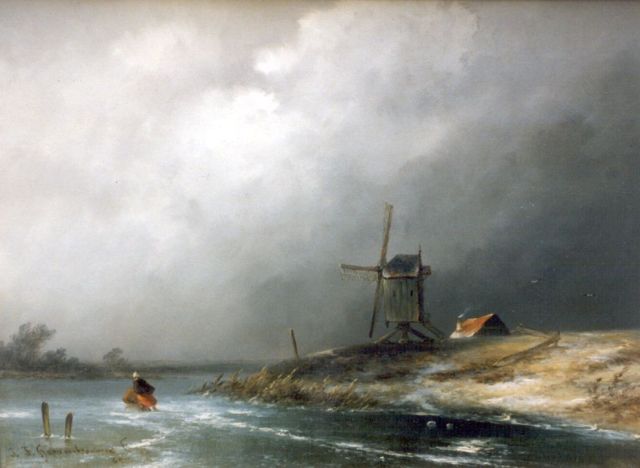 John Franciscus Hoppenbrouwers | IJsgezicht met schaatser en molen, olieverf op paneel, 23,0 x 31,2 cm, gesigneerd l.o.