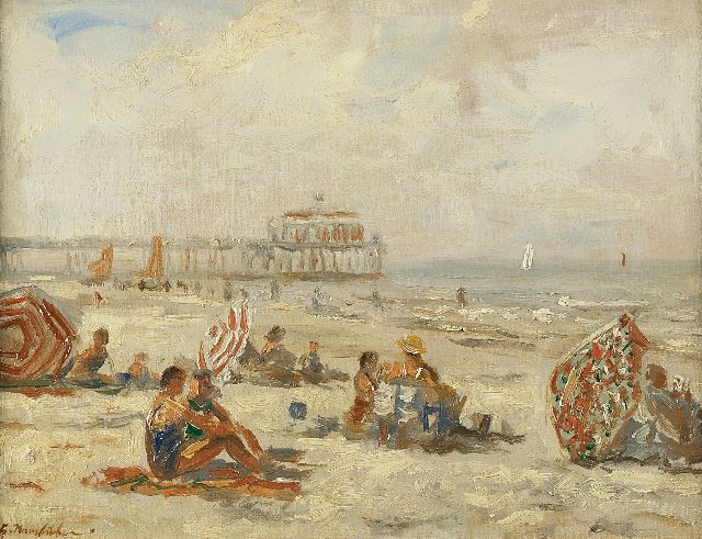 Georg Hambüchen | Zonnebaden in Scheveningen, olieverf op doek op paneel, 30,0 x 39,0 cm, gesigneerd l.o.