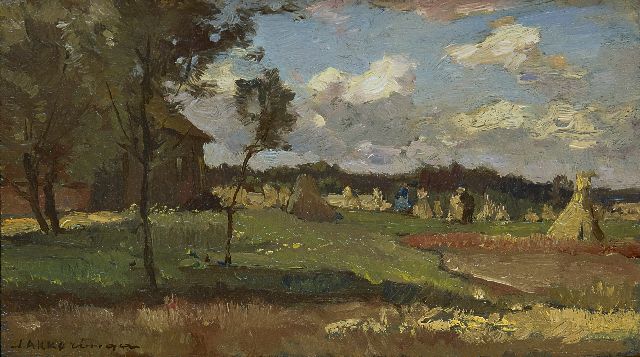 Johannes Evert Akkeringa | Oogsttijd, olieverf op paneel, 12,5 x 22,0 cm, gesigneerd l.o.