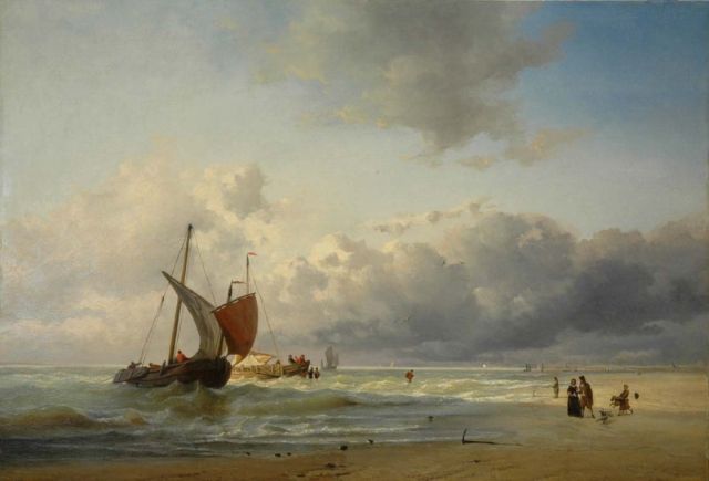 Paul Jean Clays | Het uitladen van de vangst, olieverf op paneel, 49,5 x 72,3 cm, gesigneerd r.o.