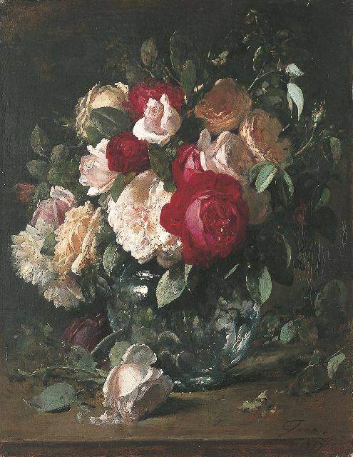 Eugeen Joors | Rozen in een glazen vaas, olieverf op doek, 45,5 x 35,6 cm, gesigneerd r.o. en gedateerd 1887