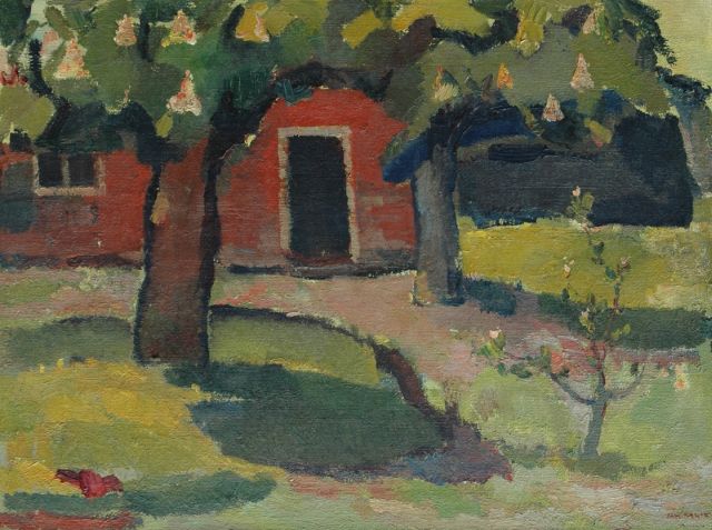 Jan Kagie | Boerderij met bloeiende kastanjebomen, olieverf op doek, 59,9 x 80,2 cm, gesigneerd r.o. en op spieraam en te dateren ca. 1956-1957