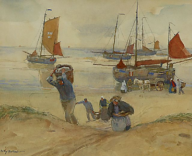 Willy Sluiter | Komend van de visafslag, Katwijk, aquarel en gouache op papier, 62,0 x 74,1 cm, gesigneerd l.o.