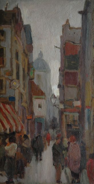 Joop Kropff | Drukke winkelstraat, olieverf op doek op paneel, 33,3 x 17,8 cm