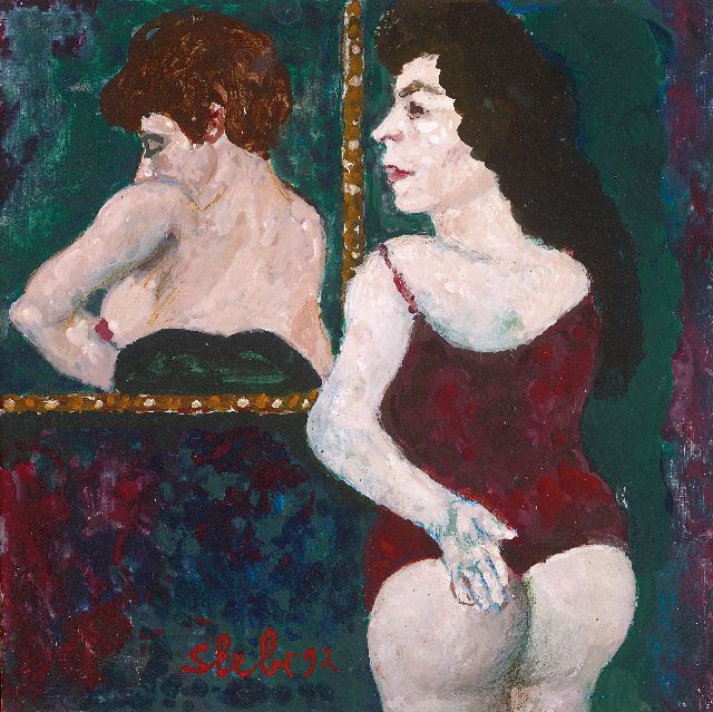 Ferry Slebe | De vergelijking, olieverf op gipsplaat, 18,0 x 18,0 cm, gesigneerd m.o. en verso en gedateerd '92