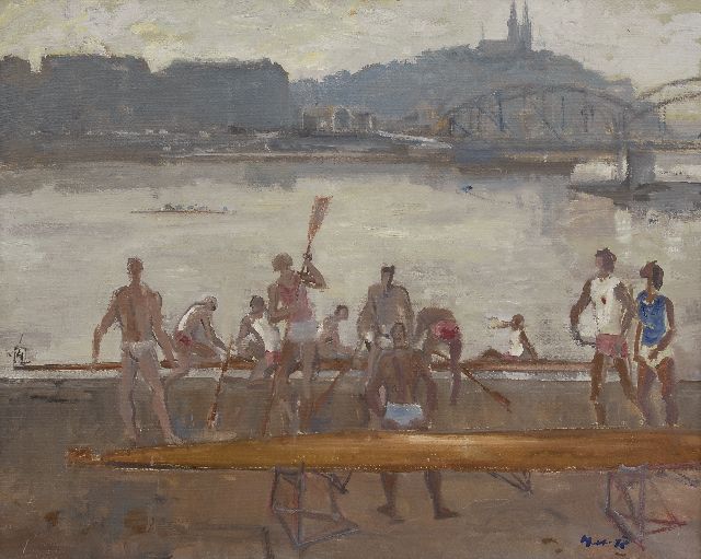 Oldřich Oplt | Voor de roeiwedstrijd, Praag, olieverf op doek, 81,3 x 100,1 cm, gesigneerd r.o. en verso en gedateerd '78 r.o. en verso