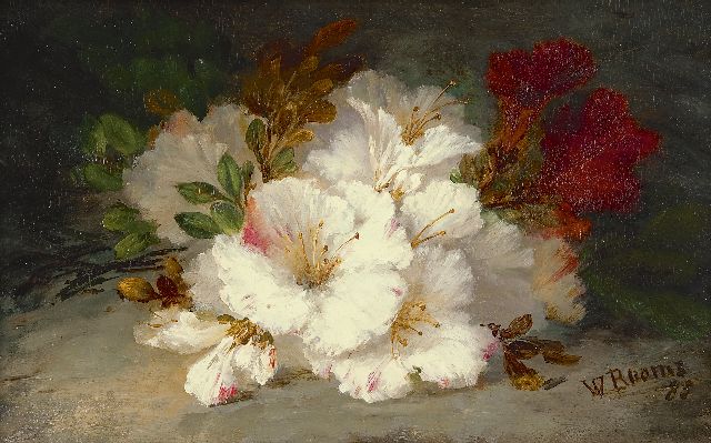 Booms W.C.G.  | Azaleatakken op de bosgrond, olieverf op paneel 19,9 x 32,2 cm, gesigneerd r.o. en gedateerd '85