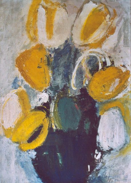 Jaap Nanninga | Vaas met tulpen, olieverf op doek, 50,2 x 35,0 cm, gesigneerd r.o. (vaag)