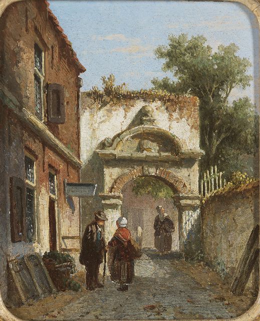 Adrianus Eversen | Figuren bij een stadspoort, olieverf op paneel, 13,8 x 11,3 cm, gesigneerd r.o. met monogram