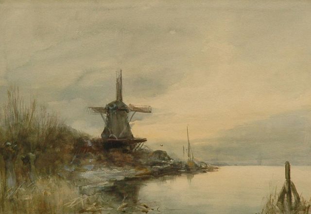 Louis Apol | Molen aan het water, aquarel op papier, 24,6 x 34,7 cm, gesigneerd r.o.