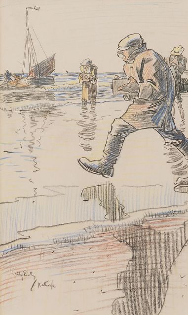 Willy Sluiter | Met de camera op het strand van Katwijk, krijt op papier, 32,7 x 19,7 cm, gesigneerd l.o.