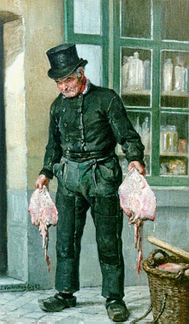 E. van der Hueghen | Visser met zijn vangst, olieverf op doek, 50,0 x 30,0 cm, gesigneerd l.o. en gedateerd '89