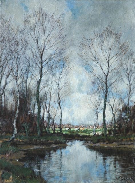 Arnold Gorter | Koeien bij de Vordense Beek, olieverf op doek, 42,3 x 31,8 cm, gesigneerd r.o.