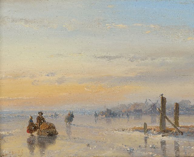 Andreas Schelfhout | Figuren met een slede en schaatsers op het ijs, olieverf op paneel, 11,6 x 14,8 cm, gesigneerd l.o. en verso
