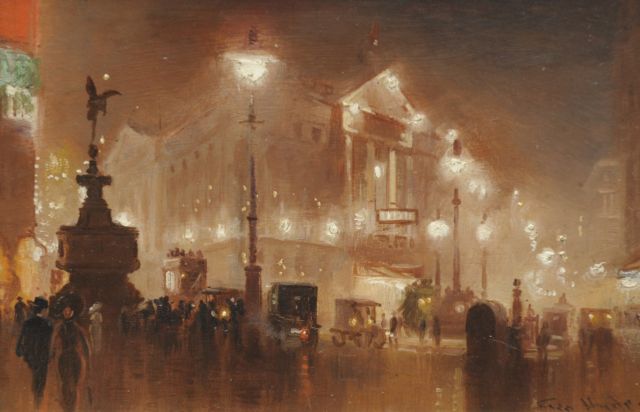 George Hyde-Pownall | Avond op Piccadilly Circus, Londen, olieverf op schildersboard, 15,2 x 23,2 cm, gesigneerd r.o.