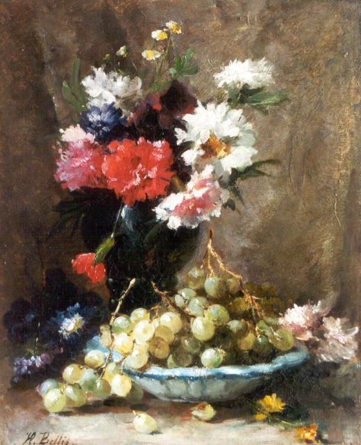 Hubert Bellis | Stilleven met bloemen en schaal met druiven, olieverf op doek, 45,0 x 35,0 cm, gesigneerd l.o.