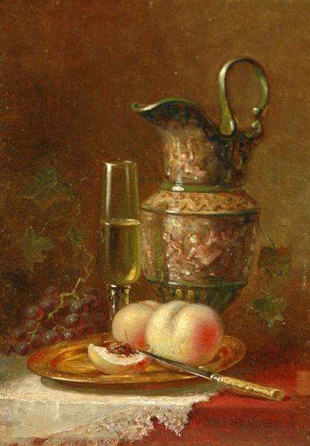 Maria van der Voort in de Betouw-Nourney | Pronkstilleven, olieverf op paneel, 21,1 x 13,8 cm, gesigneerd r.o.