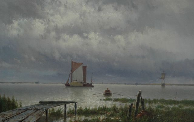 Jan H.B. Koekkoek | Afgemeerde aken bij ondergaande zon, olieverf op doek, 33,2 x 52,0 cm, gesigneerd l.o.