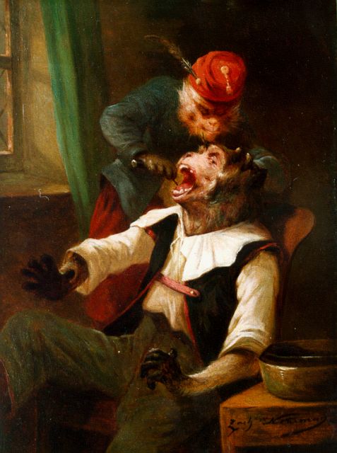 Zacharie Noterman | De aap als tandarts, olieverf op paneel, 26,3 x 20,0 cm, gesigneerd r.o.