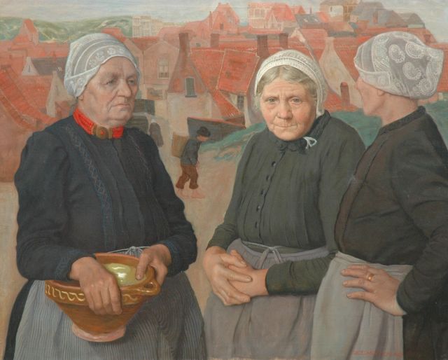 Roeland Koning | Egmondse vissersvrouwen, olieverf op doek, 91,0 x 112,4 cm, gesigneerd r.o. en te dateren ca. 1924-1927