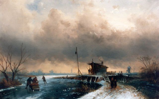Charles Leickert | Schaatsers langs de dorpsrand, olieverf op paneel, 21,0 x 33,1 cm, gesigneerd l.o.