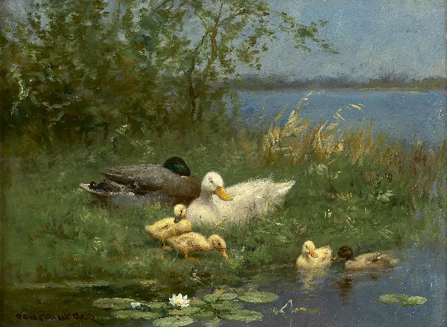 Constant Artz | Eendenfamilie langs de waterkant, olieverf op paneel, 18,1 x 24,2 cm, gesigneerd l.o.