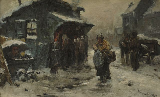 Jan de Jong | Dorpsstraat met kraampjes in de sneeuw, olieverf op doek, 31,9 x 50,5 cm, gesigneerd r.o.
