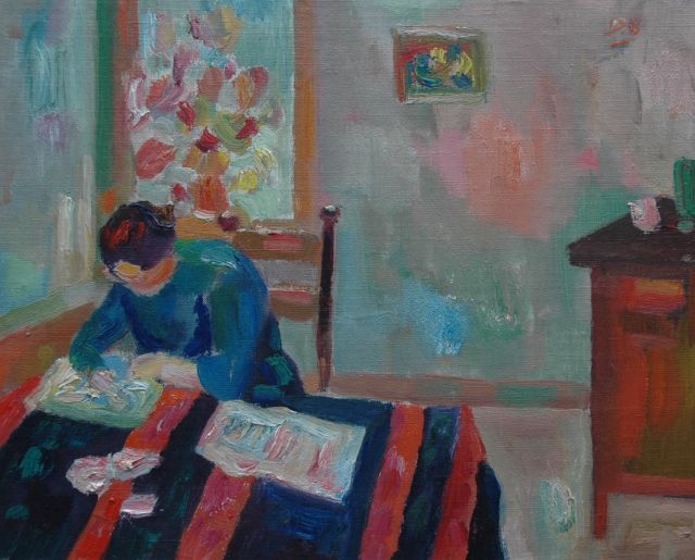 Dirk Breed | Interieur met Lia, olieverf op doek op board, 35,0 x 43,0 cm, gesigneerd r.b. met initialen