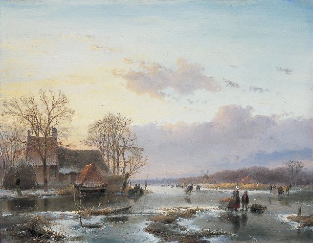 Andreas Schelfhout | IJsvertier op een poldervaart, olieverf op paneel, 37,6 x 48,4 cm, gesigneerd l.o. en te dateren ca. 1845