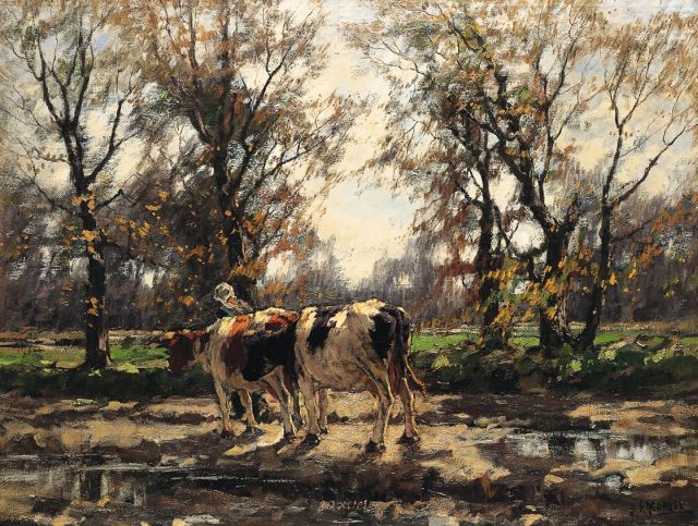 Arnold Gorter | Melkmeisje met koeien na een herfstbui, olieverf op doek, 75,0 x 100,5 cm, gesigneerd r.o.