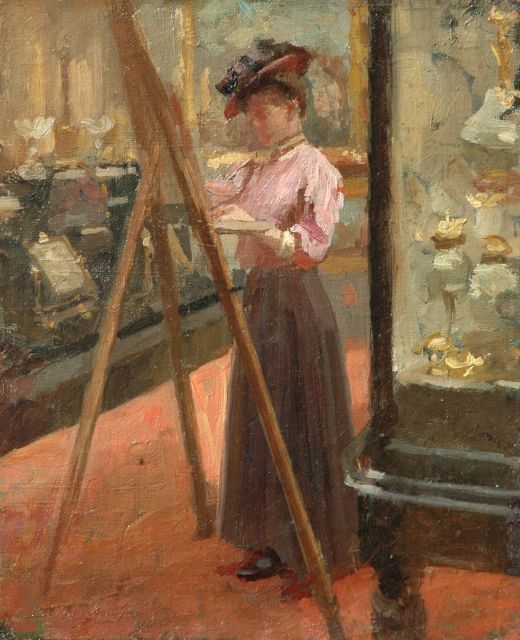 Engelse School | De impressioniste, olieverf op doek, 27,0 x 22,3 cm