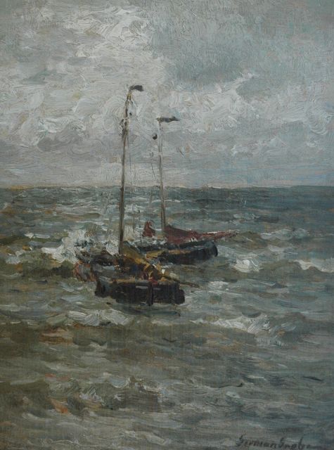 German Grobe | Twee bomschuiten op zee, olieverf op doek op paneel, 35,4 x 26,8 cm, gesigneerd r.o.