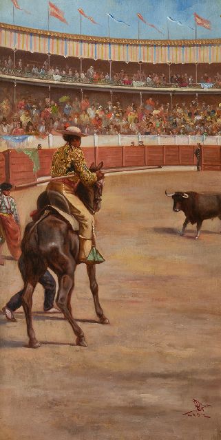 Spaanse School, begin 20e eeuw   | Stierenvechten, el picador y el toro, Cadiz  pendant van 25070   (alleen tezamen), olieverf op paneel 42,5 x 22,3 cm, gesigneerd r.o. met initialen