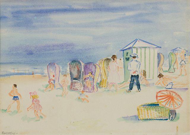 Freek van den Berg | Strandgezicht met figuren, aquarel op papier, 38,2 x 54,5 cm, gesigneerd l.o